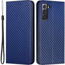 Seashell Digital Karbon Fiber Doku Otomatik Kapanış Mıknatıs Cüzdan Telefon Kabuğu Tam Koruma Deri Kılıf Samsung Galaxy S21+5G-MAVI Için Katlanabilir Stand (Yurt Dışından)