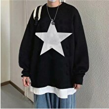 Daily Fashion Stokta Olmadan-Star Oversize Unisex Siyah Kazak