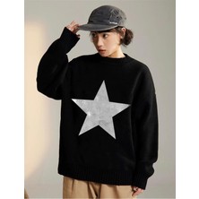 Daily Fashion Stokta Olmadan-Star Oversize Unisex Siyah Kazak