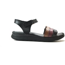 Onlo Ayakkabı 221-1  Deri Siyah & Taba Anatomik Kadın Sandalet
