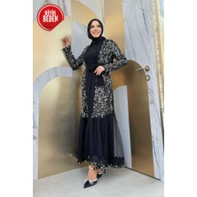 Bym Fashion Büyük Beden Tül Işleme Detay Pul Payetli Abaya 7376-1 Gümüş