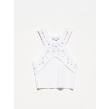 Dilvin 10404 Bisiklet Yaka Önü Taşlı Triko Atlet-Ekru