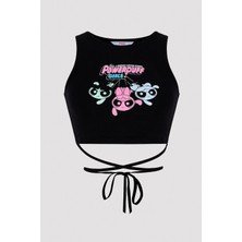 Penti Siyah Baskılı Bağlamalı Crop Top