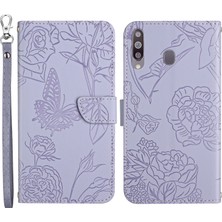 Seashell Digital Samsung Galaxy A20S Için Kelebek Çiçek Deseni Baskılı Deri Telefon Kapağı Cilt Touch Hissed Cüzdan Stand Kılıfı Bilek Kayış Işığı Mor (Yurt Dışından)