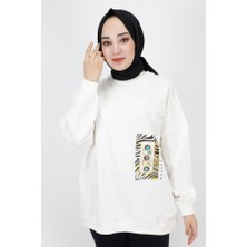 By Coolest Butik 23001 2 Ip Kumaş Inci ve Baskı Detaylı Oversize Sweatshirt