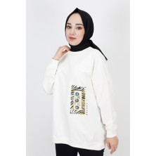 By Coolest Butik 23001 2 Ip Kumaş Inci ve Baskı Detaylı Oversize Sweatshirt