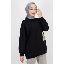 By Coolest Butik 23001 2 Ip Kumaş Inci ve Baskı Detaylı Oversize Sweatshirt