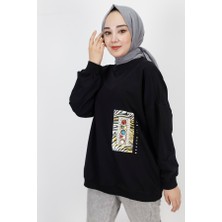 By Coolest Butik 23001 2 Ip Kumaş Inci ve Baskı Detaylı Oversize Sweatshirt