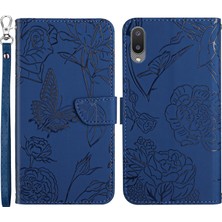 Seashell Digital Samsung Galaxy A02 (Ab Versiyonu) Cilt Dokunma Hissi Cüzdan Telefonu Kapağı Parmak Önleme Pu Deri Cep Telefonu Çantası Kelebek Çiçek Deseni Basılmış Flip Kabuk-Mavi (Yurt Dışından)