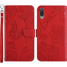 Seashell Digital Samsung Galaxy A02 (Ab Versiyonu) Cilt Dokunma Hissi Cüzdan Telefonu Kapak Parmak Önleme Pu Deri Cep Telefonu Çantası Kelebek Çiçek Deseni Basılmış Flip Kabuk Kırmızısı (Yurt Dışından)