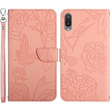 Seashell Digital Samsung Galaxy A02 (Ab Versiyonu) Cilt-Dokunma Hissi Cüzdan Telefon Kapağı Parmak Önleyici Pu Deri Cep Telefonu Çantası Kelebek Çiçek Deseni Basılmış Flip Kabuk-Pembe (Yurt Dışından)