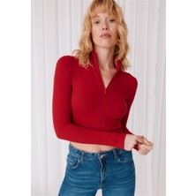 Tubia Kadın Kırmızı Renk Yarım Balıkçı Crop Hırka