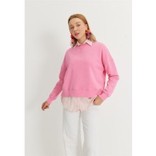 Tubia Kadın V Detaylı Efektli Pembe Kısa Sweatshirt