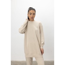 Tubia Oversize Basic 3 Iplik Diagonel Kumaş Şardonsuz Uzun Sweatshirt