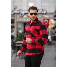 Mero Life Erkek Kırmızı-Siyah Çizgili Ekoseli Oversize Uzun Kol Kareli Kalın Kumaş Oduncu Gömleği