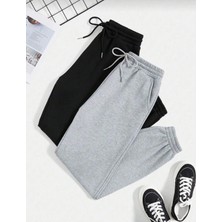 Ikili Jogger Eşofman Altı-Siyah ve Gri Lastik Paça Yüksek Bel Kışlık Eşofman