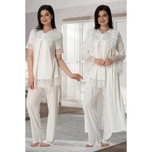 Effortt Dantelli Sabahlıklı Lohusa Pijama Takımı Ekru - 5044