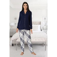 Effortt Lohusa Önden Düğmeli Pijama Takımı Lacivert - 8072