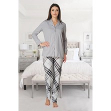 Effortt Lohusa Önden Düğmeli Pijama Takımı Gri - 8072