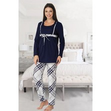 Effortt Ekose Desenli Fiyonk Detaylı Lacivert Lohusa Pijama Takımı - 8082