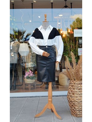 ModaFia Siyah Gold Düğmeli Midi Deri Etek