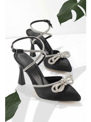 Moda Mhs Kadın Ayakkabı Atina Bilek Dolama Taşlı Saten Siyah Yüksek Topuk Stiletto Kaymaz Taban