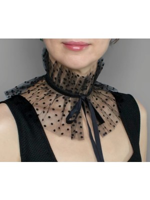 Zarif Puantiyeli Tül Boyunluk Yaka