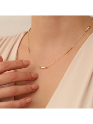Nox Jewelry 14 Altın Kaplama Çubuk Bar Detaylı Modern Günlük Gümüş Kadın Kolye - CN00153