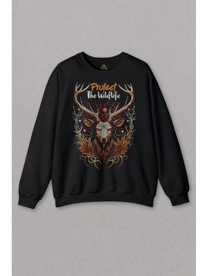So Cool Unisex Sweatshirt Protect The Wildlife The Deer Nature Outdoor Doğa Geyik Siyah Baskılı Sweat