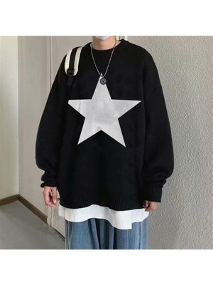 Daily Fashion Stokta Olmadan-Star Oversize Unisex Siyah Kazak