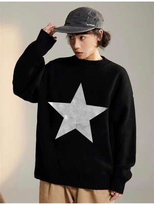 Daily Fashion Stokta Olmadan-Star Oversize Unisex Siyah Kazak