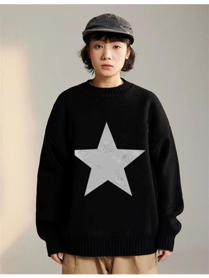 Daily Fashion Stokta Olmadan-Star Oversize Unisex Siyah Kazak