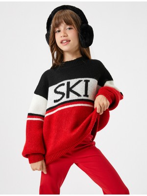 Koton Kız Çocuk Kazak Yuvarlak Yaka Kırmızı Renk Bloklu Grafik Desenli