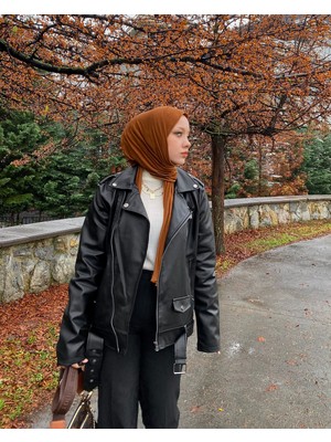 Mero Life Kadın Siyah Oversize Içi Kürklü Kemerli Biker Deri Ceket