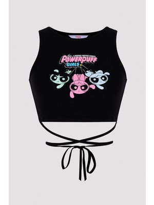 Penti Siyah Baskılı Bağlamalı Crop Top