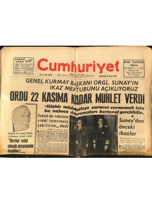 Gökçe Koleksiyon Cumhuriyet Gazetesi 18 Kasım 1964 - Genel Kurmay Başkanı Org. Sunat`ın Ikaz Mektubunu Açıklıyoruz GZ88013