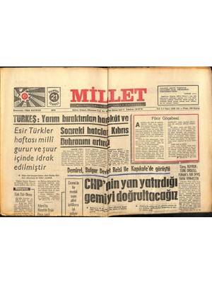 Gökçe Koleksiyon Millet Gazetesi 21 Temmuz 1975 - Ege Ordusu Barış Için Göreve Başladı   GZ89695