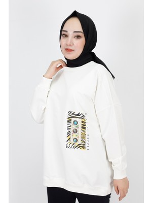 By Coolest Butik 23001 2 Ip Kumaş Inci ve Baskı Detaylı Oversize Sweatshirt