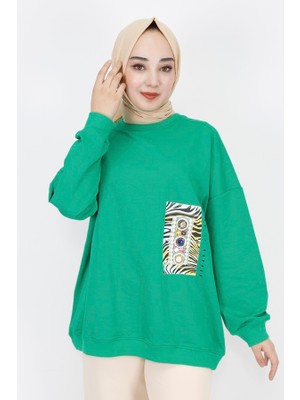 By Coolest Butik 23001 2 Ip Kumaş Inci ve Baskı Detaylı Oversize Sweatshirt