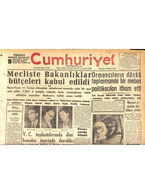 Gökçe Koleksiyon Cumhuriyet Gazetesi 29 Şubat 1960 - Margaret ve Nişanlısı Dün Kiliseye Gittiler - Bayar Yurda Döndü  GZ119964