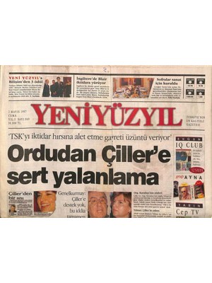 Gökçe Koleksiyon Yeniyüzyıl Gazetesi 2 Mayıs 1997 - Israille Ortak Askeri Tatbikat - Alaaddin Çakıcının Yeğeni Vuruldu  GZ92557