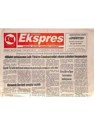 Gökçe Koleksiyon Giresun Ekspres Gazetesi 18 Mart 1999 - Osmanlı Devleti Sergisi Açıldı - Gençlik ve Spor Bayramını Kutluyoruz GZ92572