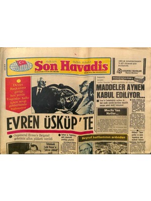 Gökçe Koleksiyon Son Havadis Gazetesi 22 Eylül 1982 - Aşçılar Kralı Jensen Istanbulda - Evren Üsküpte GZ124202