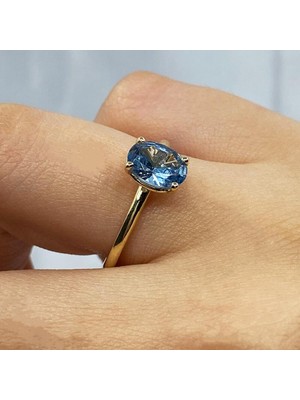 Fasek Gold 1.50 Karat London Blue Topaz Tektaş 14 Ayar Altın Evlilik Teklifi Yüzüğü-Hediye Altın Tektaş Yüzük