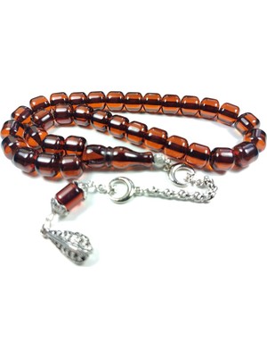 İskeçe Tesbih Ayyıldız Gümüş Kaplama Püskül Kombinli Sıkma Kehribar Sertifikalı No 3793