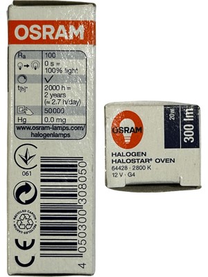 Osram 64428 20W 12V 2800K (Sarı Işık) Owen G4 Duylu Fırın Ampulü