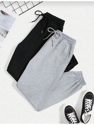 Mirsepet Ikili Jogger Eşofman Altı-Siyah Ve Gri Lastik Paça Yüksek Bel Eşofman