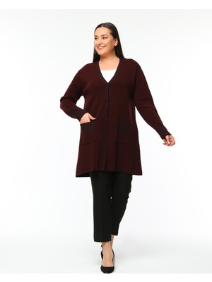 Laden Triko Büyük Beden Kadın Cardigan Simli Uzun Anne Yumuşak Hırka