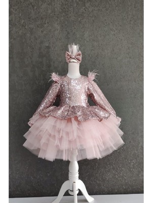 Masho Trend Omzu Tüylü V Sırt Payetli Kız Çocuk Elbise - Çocuk Abiye Elbise - Kız Abiye - Çocuk Mezuniyet Elbisesi