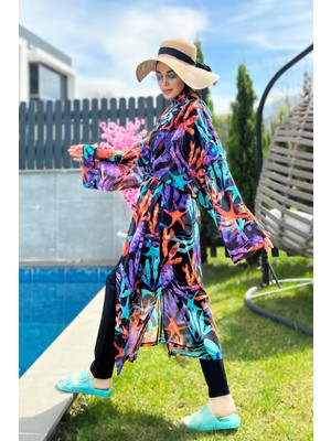 Remsa Mayo Remsa Tesettür Mayo Üzerine Tek Kaftan Kimono Pareo RP004A Mercan